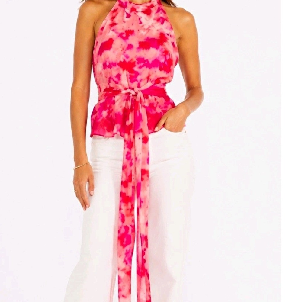 Trina Turk Blaze Top Pink Red Tie Dye Silk Halter Neck Tie Waist Blouse Sz L NWT
